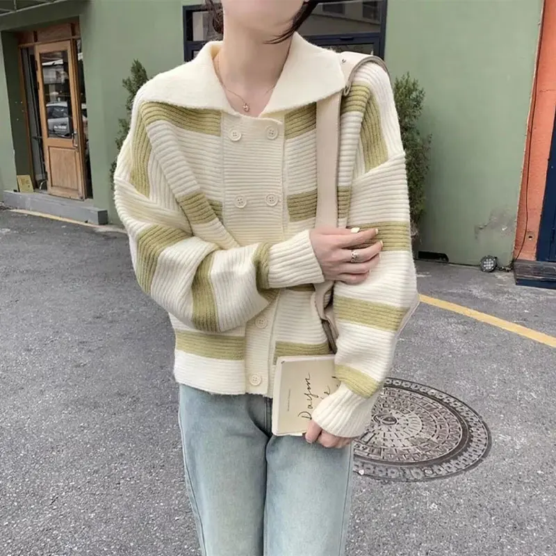 Polo-Neck Striped Knitted Cardigan Women\'s Clothing Korean Loose Autumn Winter Long Sleeve Basic Casual Double Breasted Sweaters