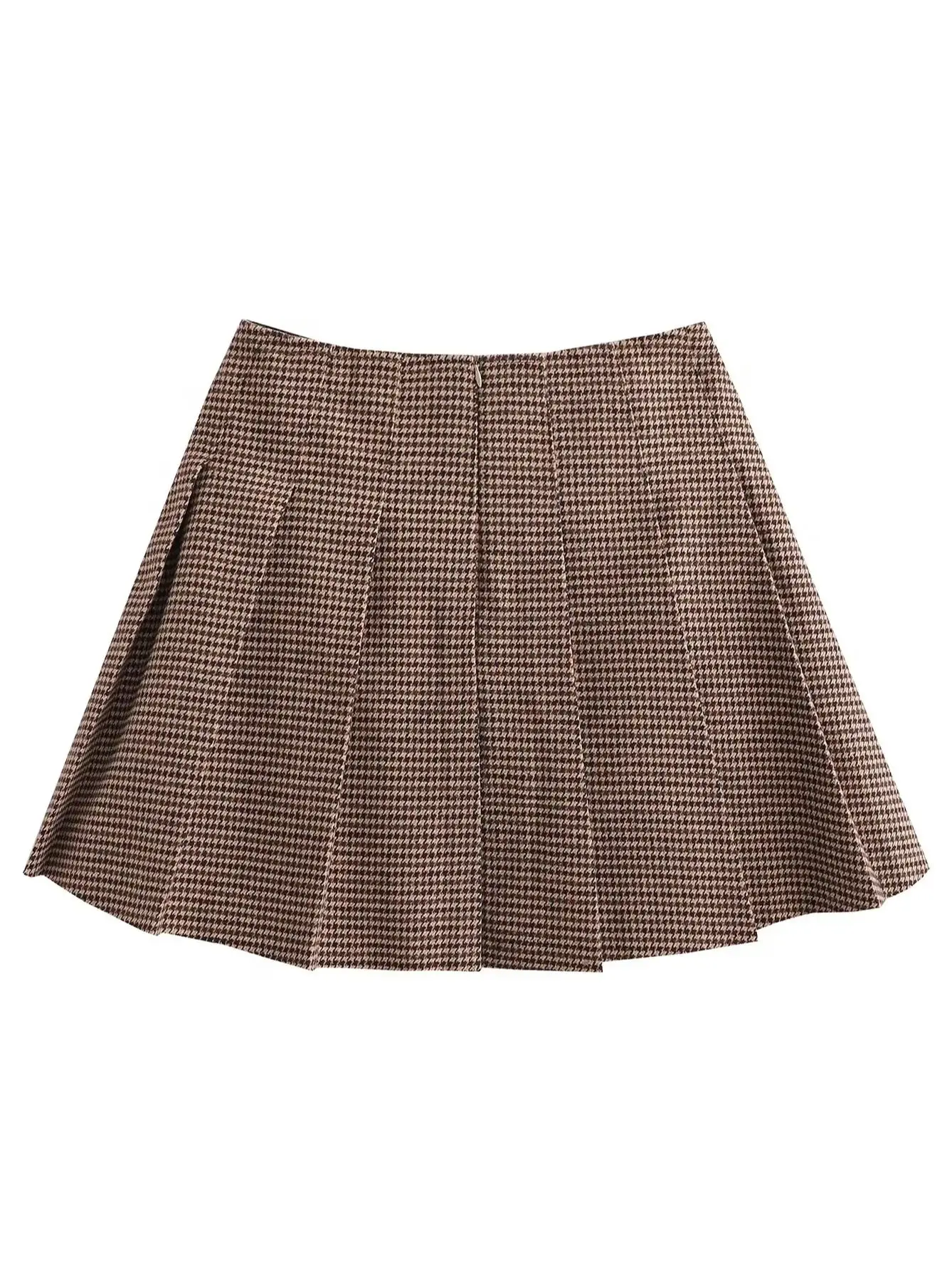 XNWMNZ 2024 Women\'s Fashion Houndstooth Blazer or Leather Buckle Decoration Wide Pleated Mini Skirt Female Two Piece Set