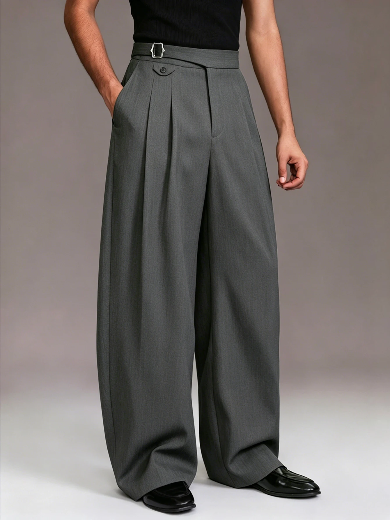 2026 SS Mens Naples Tailored Pants Denim Look Woven Dual Pleat Parisian Buckle High Rise Straight Cut Business Casual Trousers