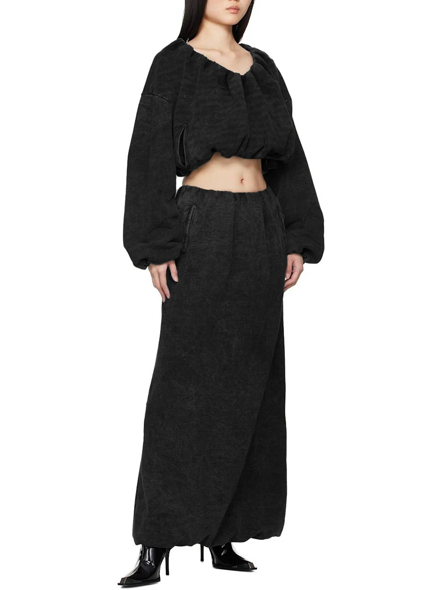 VGH Designer Slimming Folds Short Sweatshirts For Women V Neck Long Sleeve Spring Temperament Sweatshirt Female Fashion Style