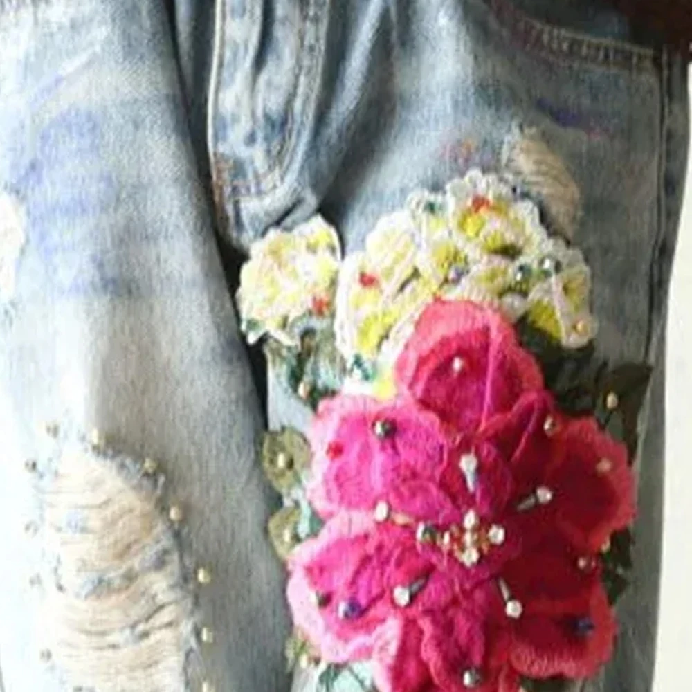 

Women's Chic Boho Floral Embroidery High Waist Loose Harem Jeans Vintage Pocket Denim Trousers Elegant Casual Street Outfit