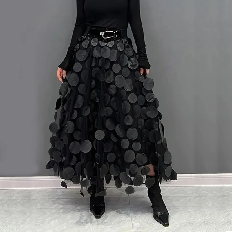 

Women Polka Dot 3D Design Tulle Mesh Skirt Vintage Elastic Waist Long A-line Black Female Midi Skirt New