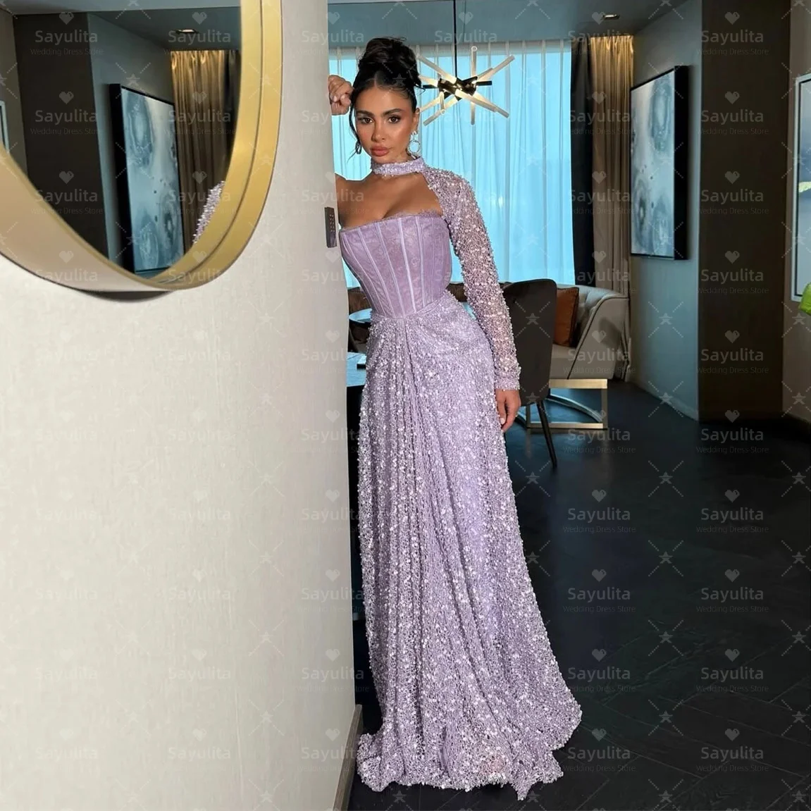 Sayulita فساتين حفلة موسيقية نمط جديد الرسن واحد كم طويل فستان حفلة عيد ميلاد مثير الظهر مساء فساتين رسمية مخصصة
