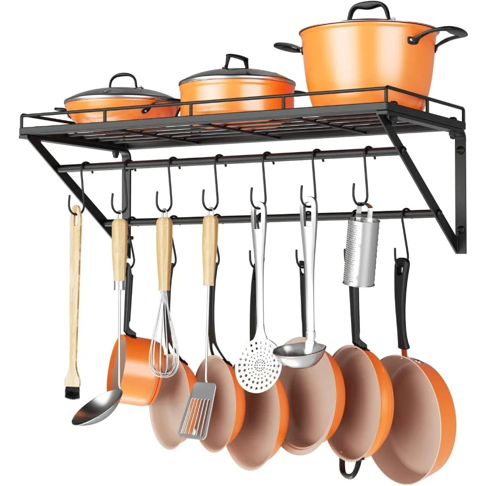 

Wall Mounted Pot Rack Storage Shelf with 2 Tier Hanging Rails 14 S Hooks included, Ideal for Pans, Utensils, Cookware - Black