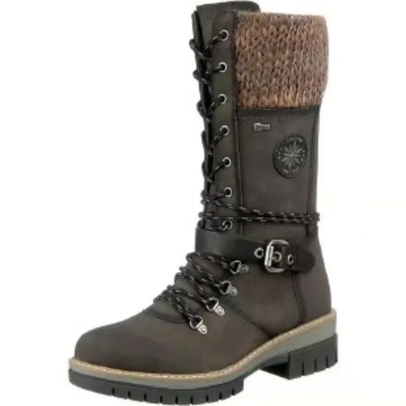2025 frauen Winter Schnalle Spitze Gestrickte Mid-kalb Stiefel Niedrigen Ferse Runde Kappe Stiefel Top Qualität Winter Warme stiefel Frauen Botas De Mujer – Detail 7
