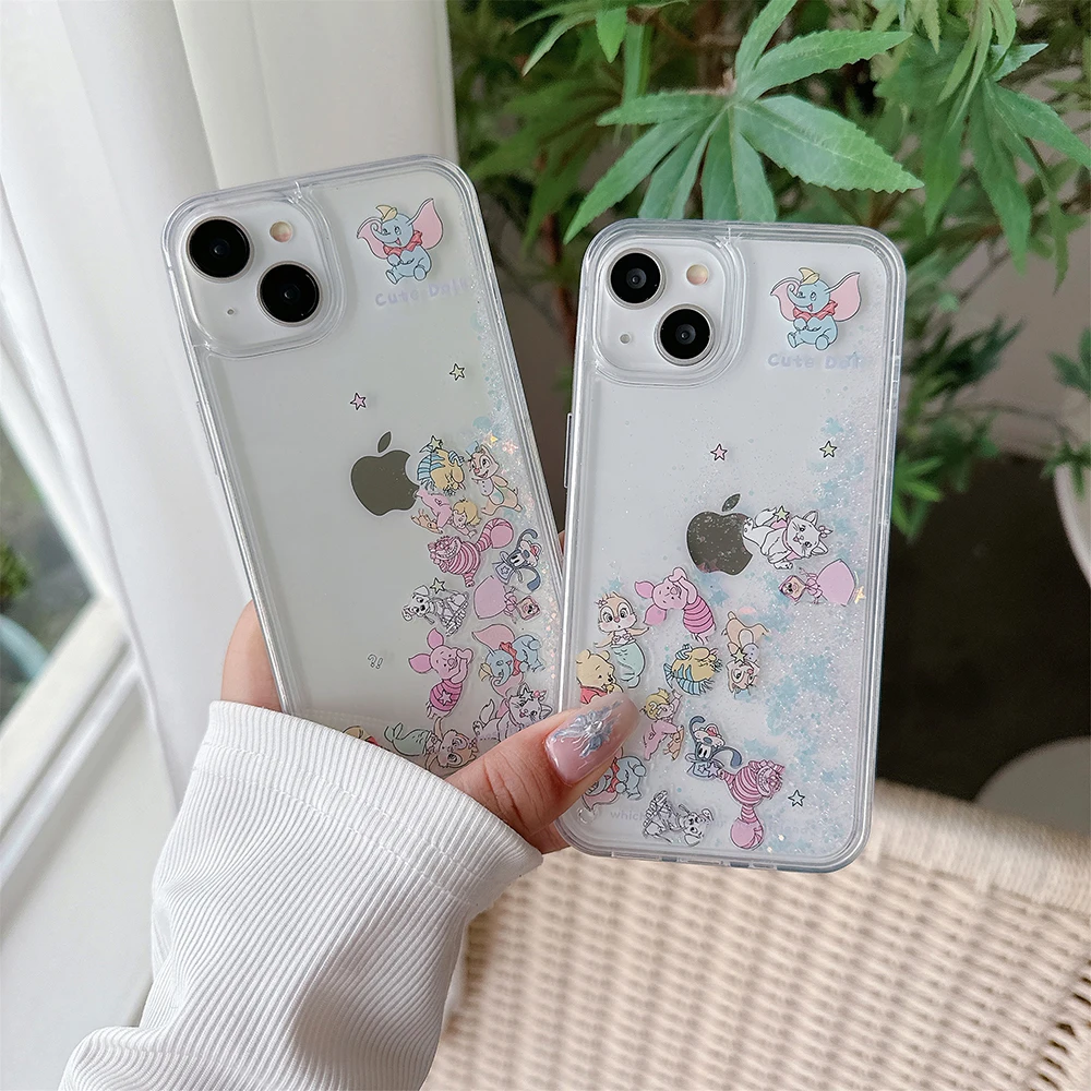 

Cartoon Winnie The Pooh Mary Cat Quicksand Phone Case for IPhone 16 15 14 13 12 11 Pro Max Plus Transparent Back Cover Funda