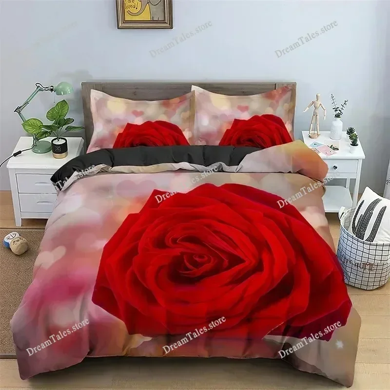 Floral Duvet Cover Set Full Size 3D Red Rose Bedding Set Microfiber Romantic Flowers Quilt Cover Wedding Valentine's Day Decor74