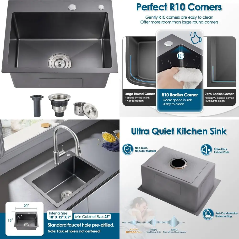 

Stainless Steel Kitchen Sink, 20x16x9, Single Bowl, Top Mount, Handmade Drop-in Bar Prep Sink for Small Spaces