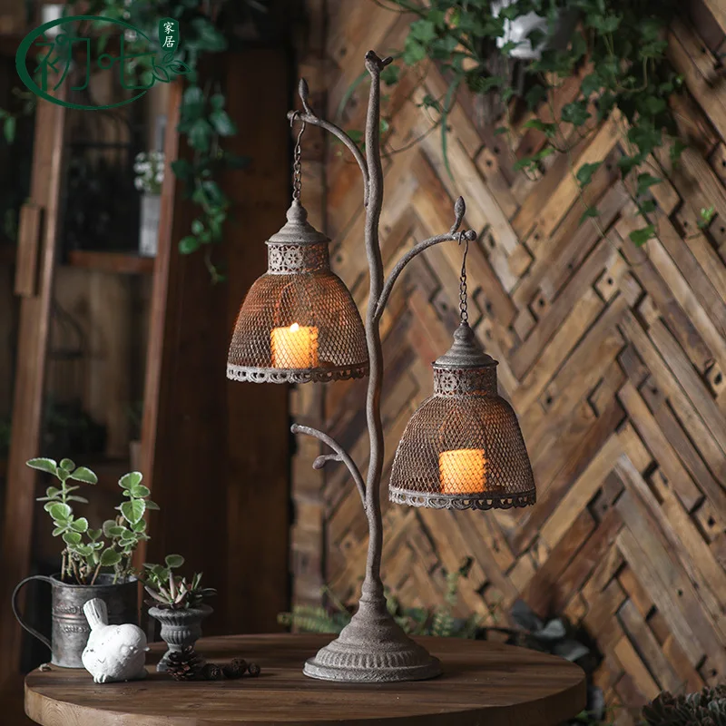 Industrial style retro candle holder ornament garden birdcage wind lamp ornament wrought iron old foreign trade handicraft props