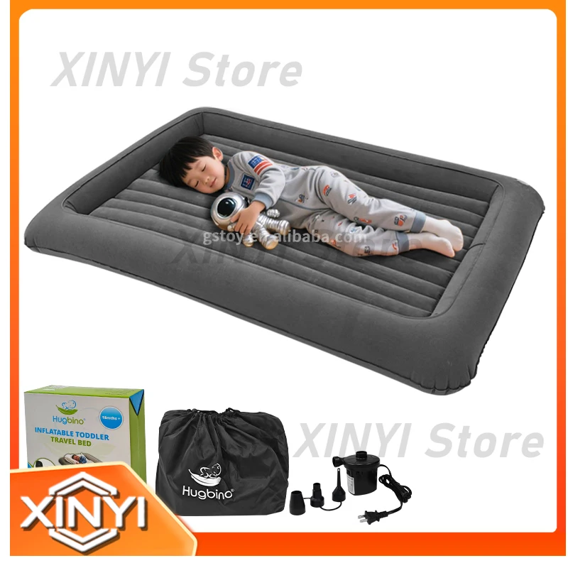 Inflatable Kids Travel Bed for Toddlers Flocked Air Mattress Set Portable Blow Up Sleeping Cot with Electric Pump for Travel