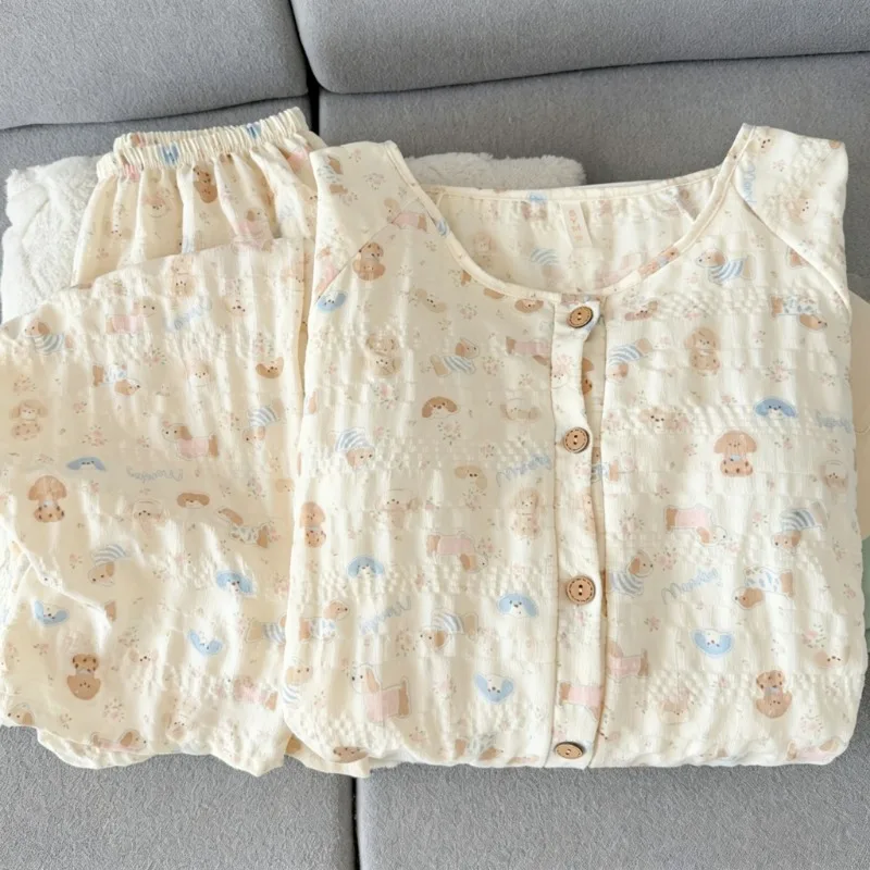 Women Pajama Set Dog Bear Cartoon Print Loose Casual Soft Korean Style Sleepwear Home Wear Autumn Winter Oversized Nightwear