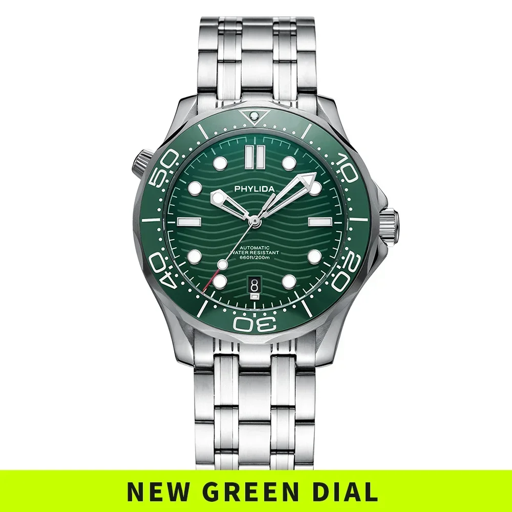PHYLIDA-reloj automático con esfera verde, pulsera sólida de cristal de zafiro, 200M, WR 20Bar, PT5000, MIYOTA, nuevo