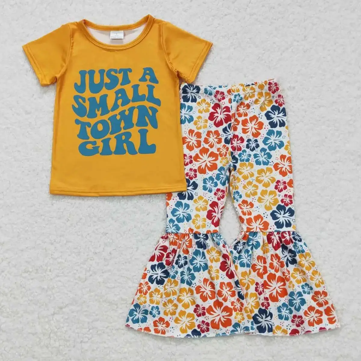 Wholesale Baby Girl Fashion Kids Yellow Letter Clothes Set Toddler Outfit Children spring Boutique Colorful Flower Bell Bottoms