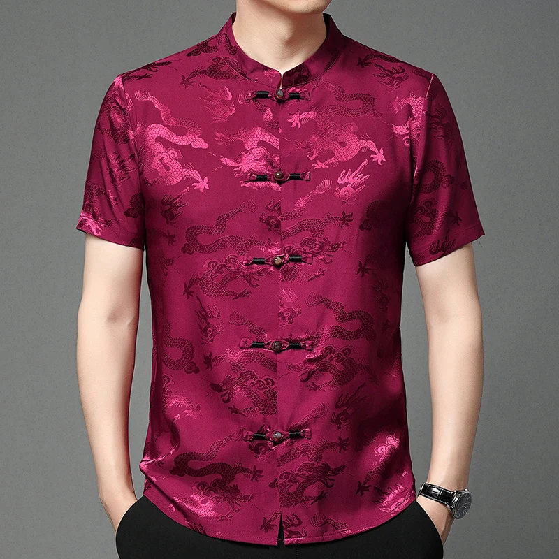 Men's China Traditional Dragon Pattern Soft Silk Shirt Summer 2024 Fashion Stand Collar Tops Male Short Sleeve Silk Dress