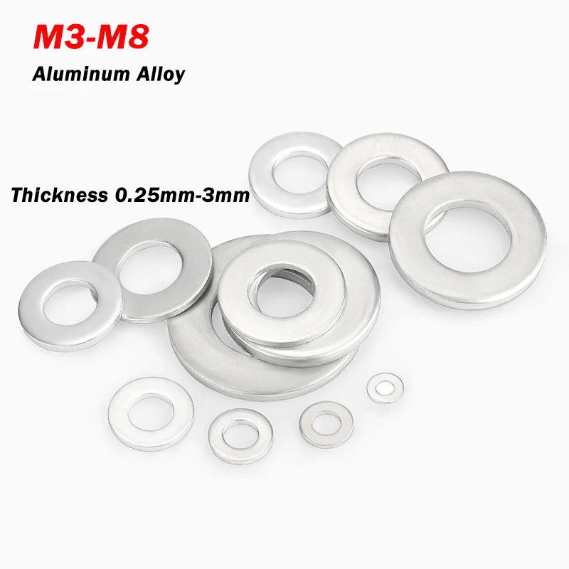 20/50/100pcs Large Flat Washer 6061 Aluminum Alloy Flat Washers M3 M4 M5 M6 M8 Thickne 0.25mm-3mm Thickened Sealing Ring Gaskets
