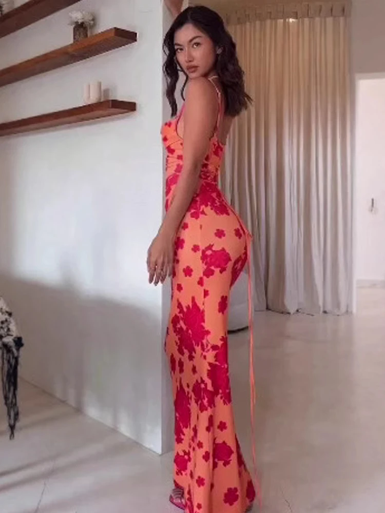 Verão novo impresso suspender em forma de u vestido maxi feminino cinta de espaguete bodycon rendas laranja senhoras casual hip saia longa
