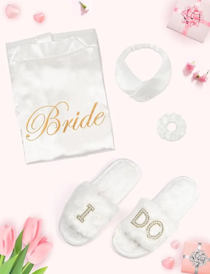 4 Pcs Bride Robe for Wedding Day Set Bridal Robe with Slippers Lace Trim Wedding Robe for Bridal Bachelorette Party