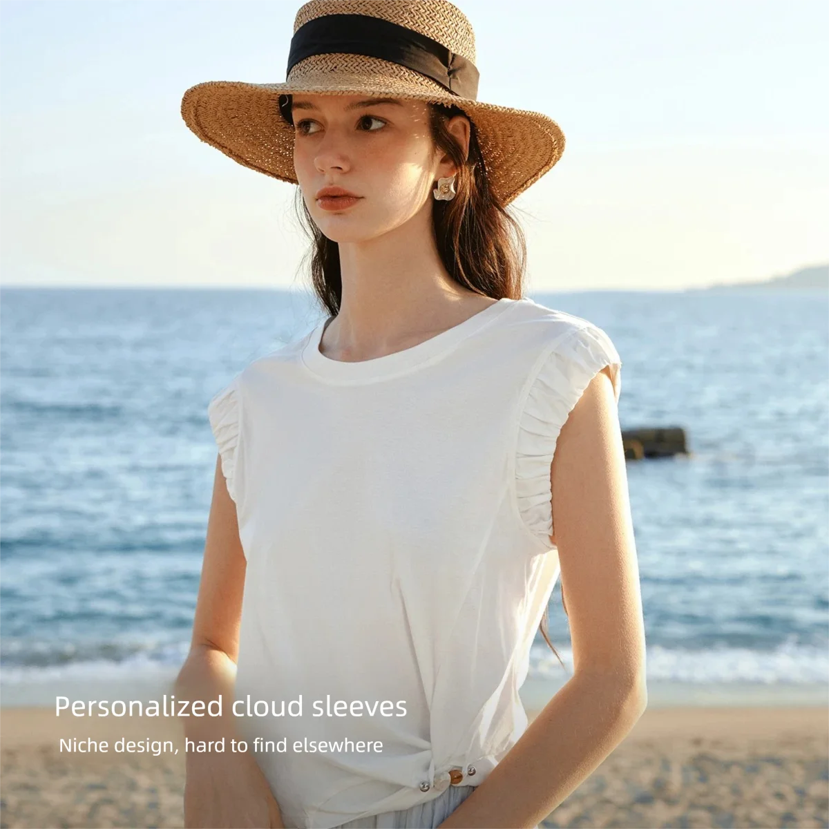 OLrain White Bead Button Twist Hem Cloud Sleeve T-shirt 2026 Summer Simple Round Neck Solid Cotton Blend Top Women O58XT001800