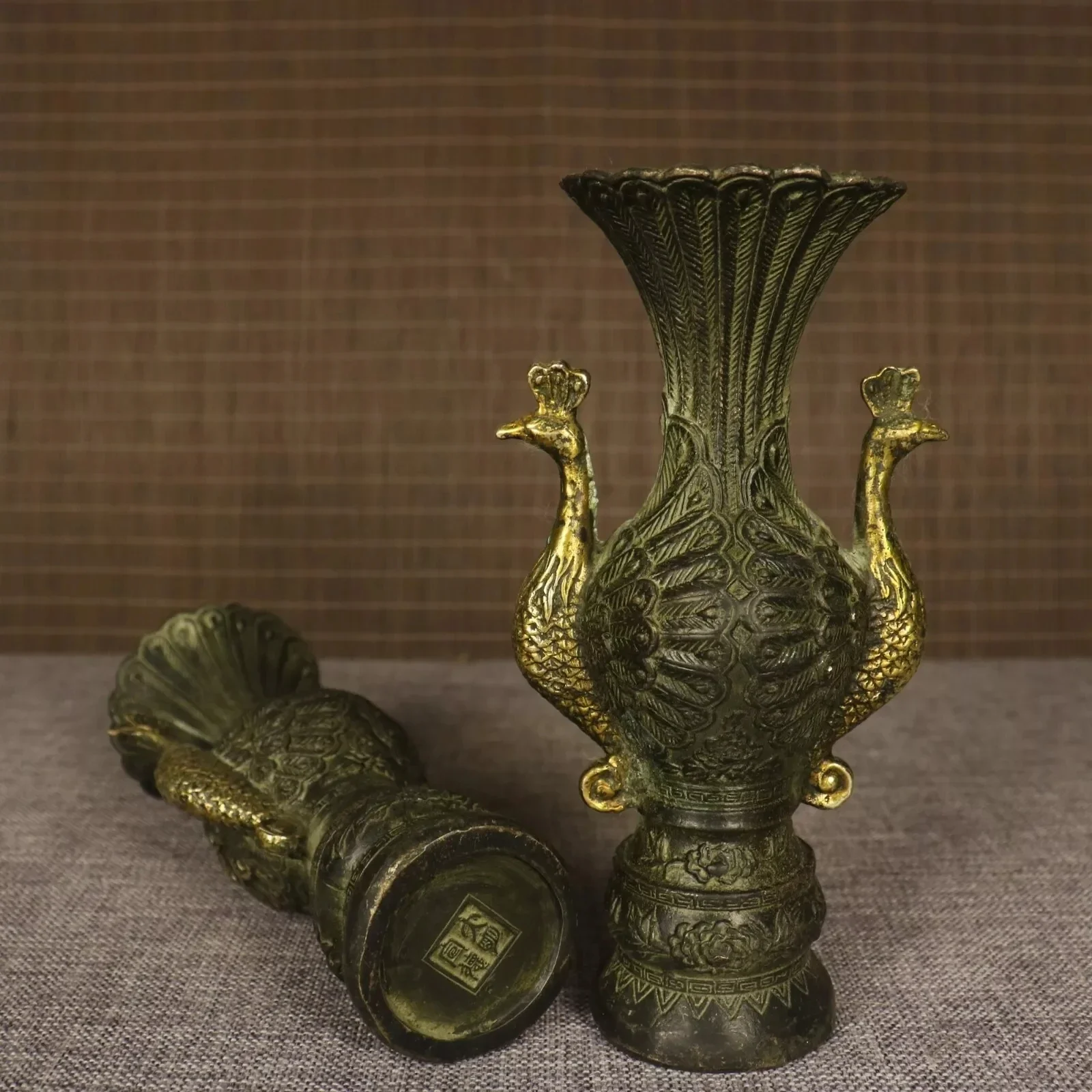Collectible Chinese Copper Gilt Handmade Two Head Peacock Exquisite Vase A Pair