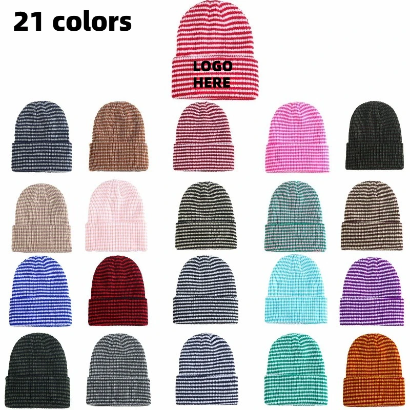 Individuell besticktes Logo, modische gestreifte Strickmütze, trendige Herbst- und Wintermütze für Männer und Frauen, warme Outdoor-Skibeamie. – Detail 1