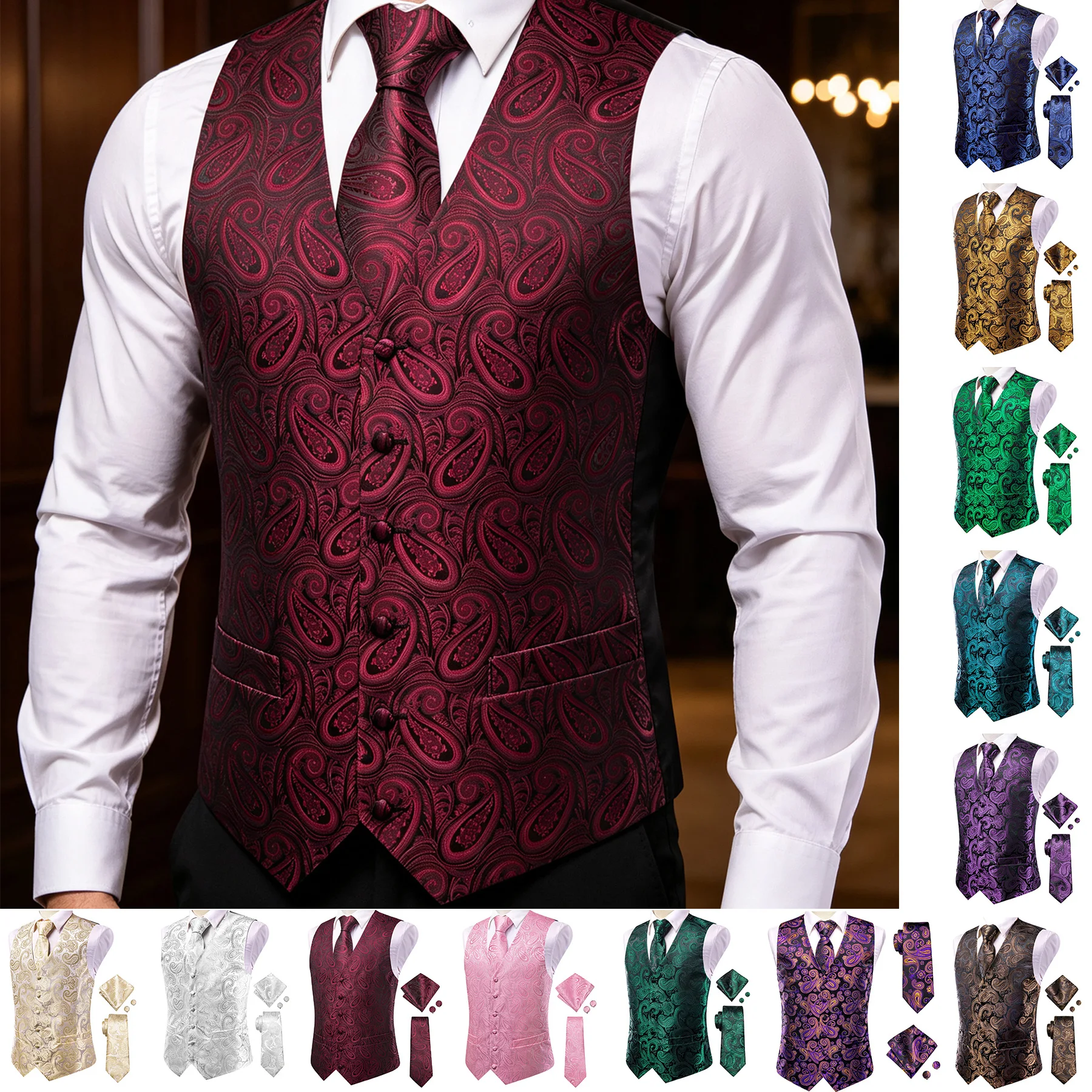 Men's Red Pink  Purple Paisley Jacquard Suit Vest Pocket Square Cufflinks 4-piece Set For Wedding Ceremonies