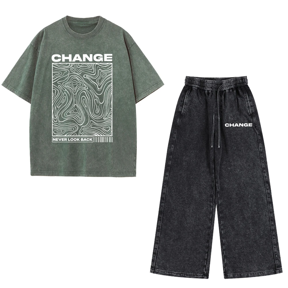 Vintage Washed Herren Zweiteiler Set Never Look Back Topographischer Druck Übergroßes Kurzarm-T-Shirt Kordelzug Weite Hose Casual – Detail 5