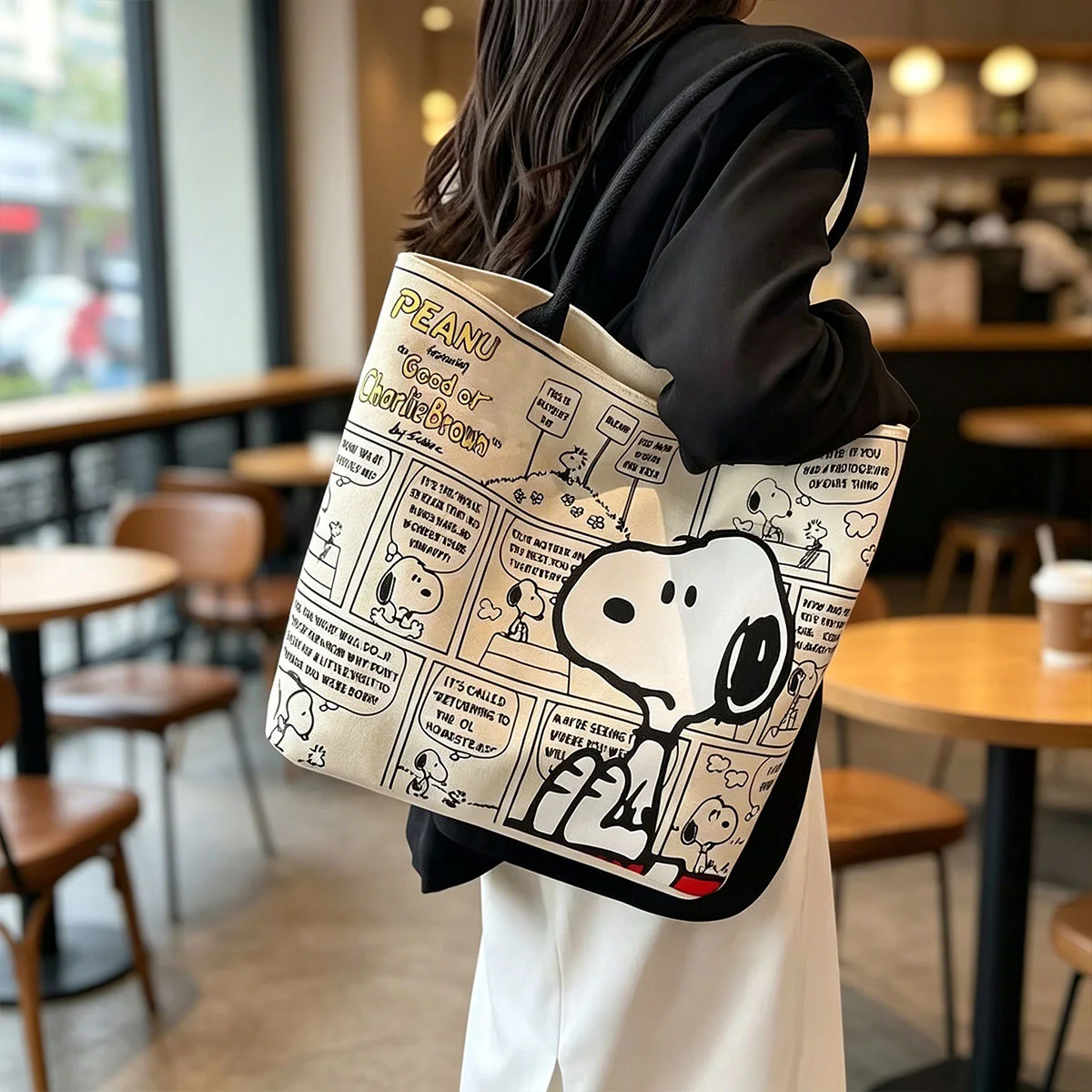 Kawaii Snoopy Cartoon Canvas Handbag Large Capacity Simple Shoulder Bag Casual Tote Shopping Handbag Daily Gift view 4
