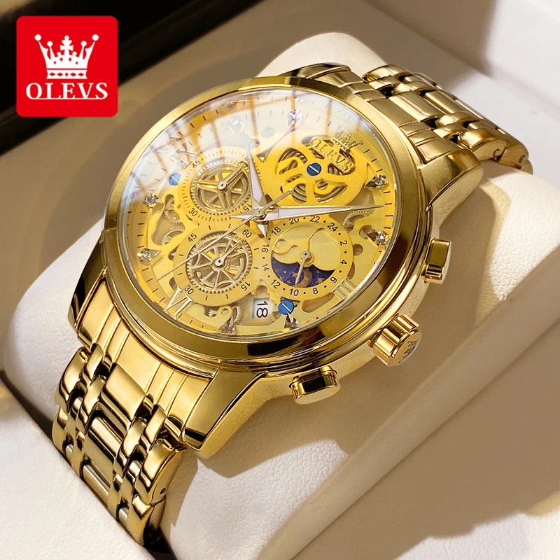 OLEVS Gold Watch for Men Luxury Brand Chronograph Multifunction Auto Date Wrist Watch Stainless Steel Waterpoof Reloj De Hombre