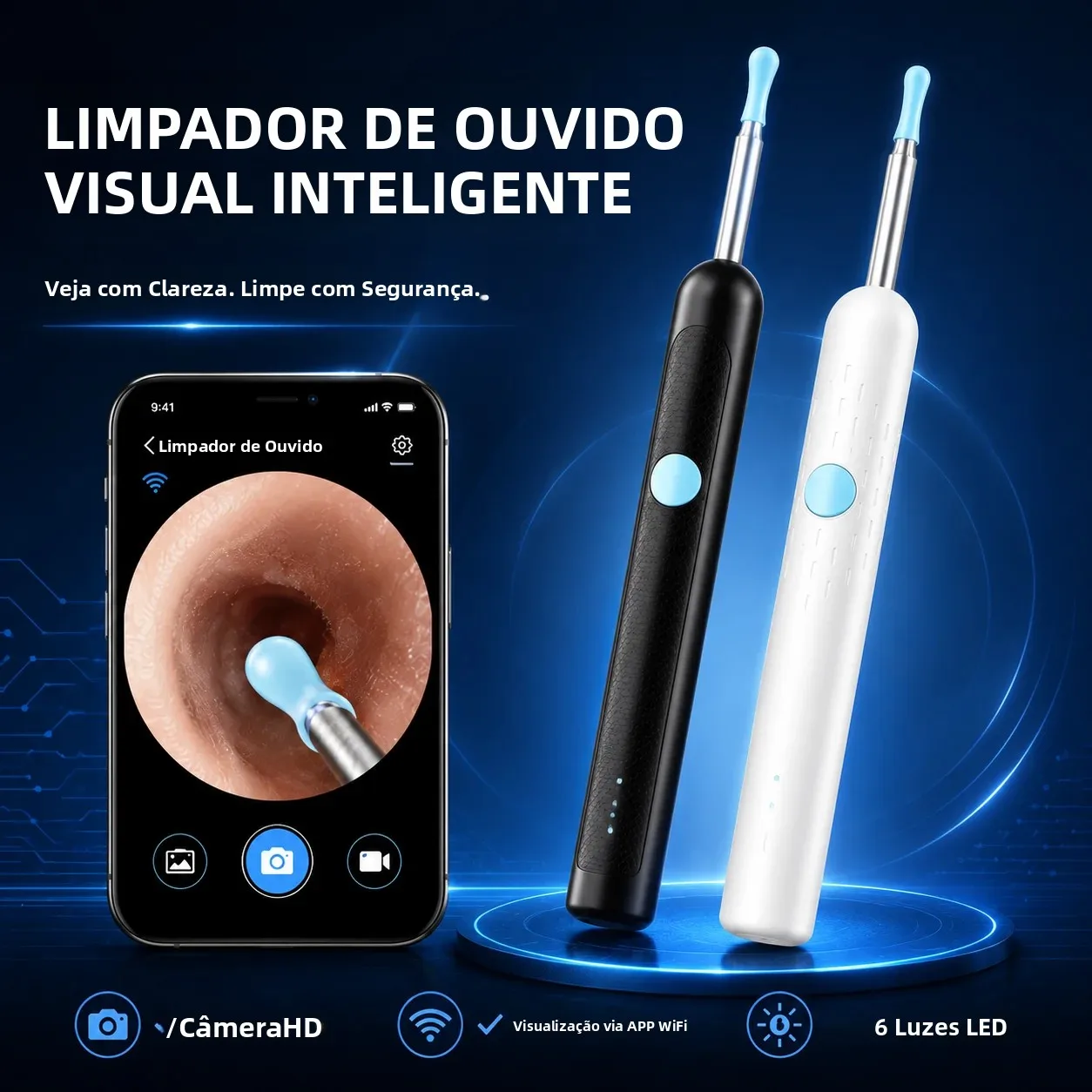 Removedor de Cera de Ouvido Visual Inteligente com Câmera HD 1080P, Limpador de Ouvido Recarregável USB-C, Otoscópio à Prova d'Água, Removedor de Cera de Ouvido Seguro