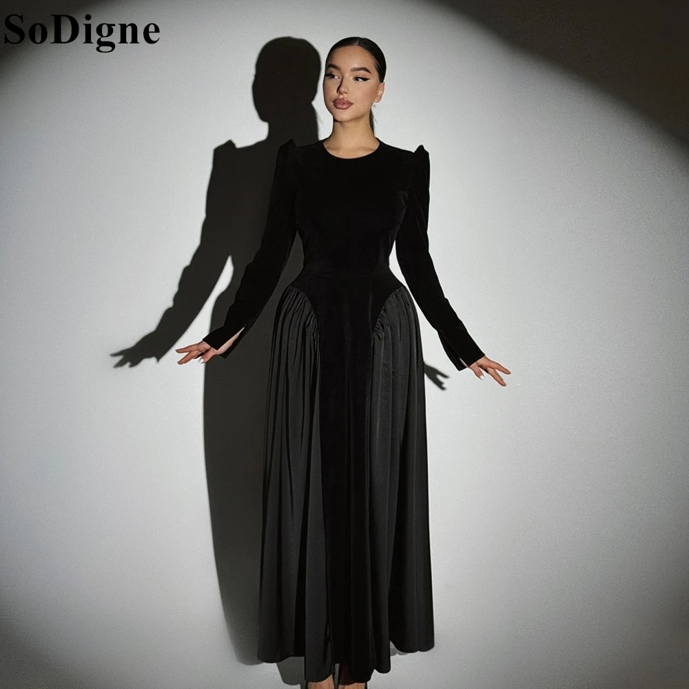 

SoDigne Elegant Black Velvet Evening Dresses A-Line Full Sleeves O-Neck Pleated Party Dress 2025 Classic Prom Gowns Customized