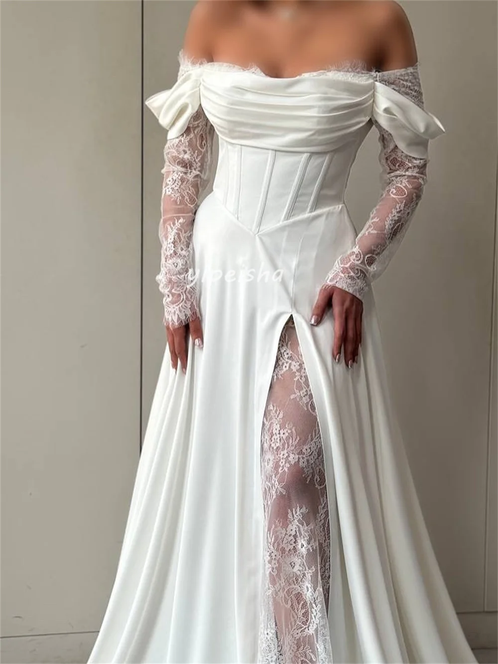 맞춤형 고급스러운 클래식 시폰 플리츠 드레이프 레이스 A라인 오프숄더 롱 드레스 맞춤형 행사 드레스 캐주얼 섹시