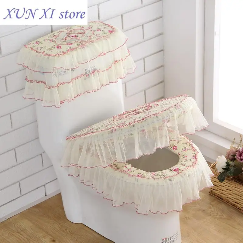 New Fabric Toilet Seat Cushion Household Lace Water Washed Zipper Type Seat Cushion Toilet Cushion Waterproof Water Tank Cover