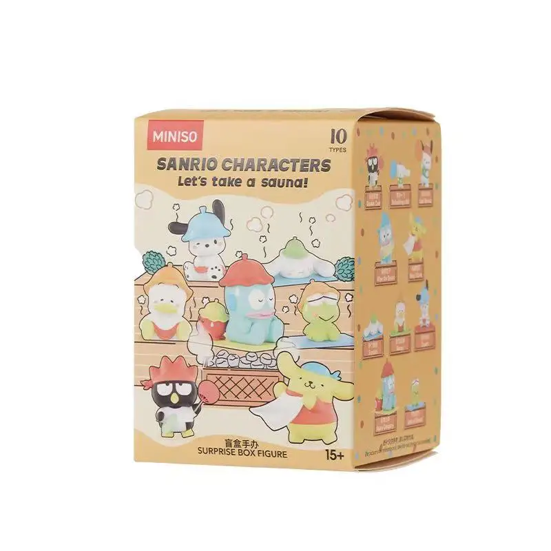 Sanrio characters enjoying a sauna: Pachi Dog Cinnamon Dog Ugly Fish, Pudding Dog, Cool Penguin, Big Eye Frog blind box figurine