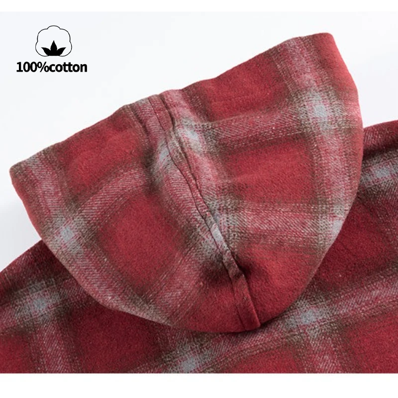 アメリカンヴィンテージチェック柄フード付きシャツジャケット、男性と女性用、ミッドレングスのリラックスフィットカジュアルアウターウェア、春/秋用