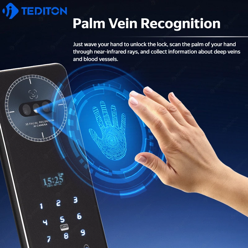 Tediton Video Digital Fingerprint Face Palm Vein Smart Door Lock with Tuya Wifi Inteligente Biometric Smart Lock for Wood Door