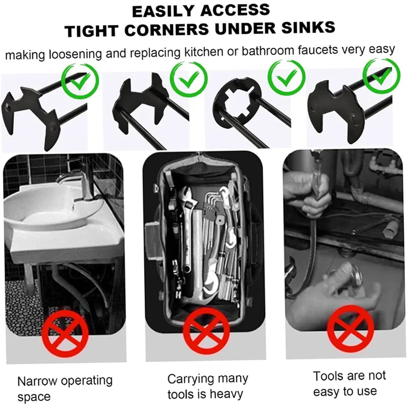 B69C Ключ для раковины, 7 размеров, универсальный ключ для сантехники под раковиной, многофункциональный ключ для смесителя из углеродистой стали, набор ключей для раковины, 2 шт.