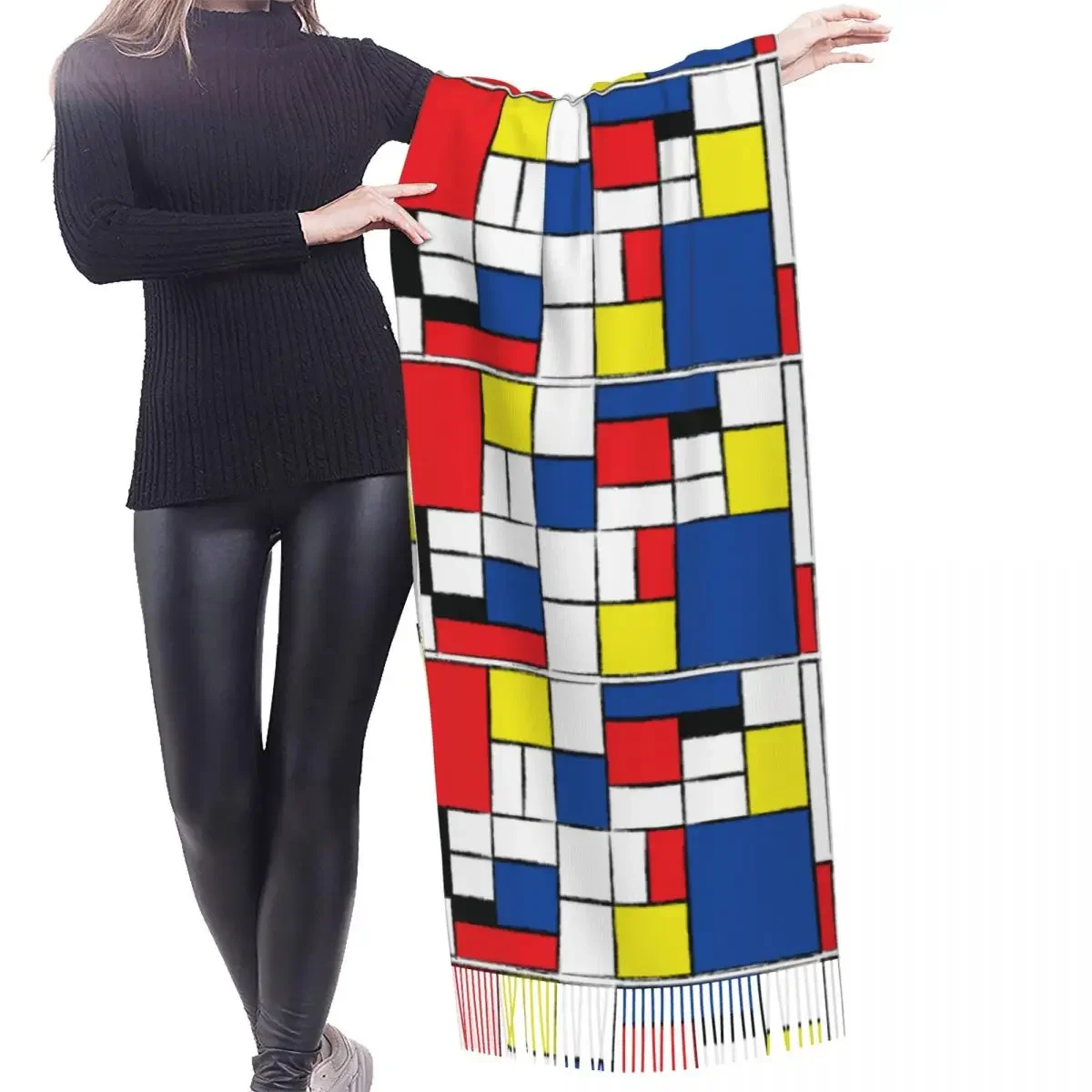 Ladies Long Piet Mondrian Minimalist De Stijl Modern Art Scarves Women Winter Fall Thick Warm Tassel Shawl Wraps Versatile Scarf