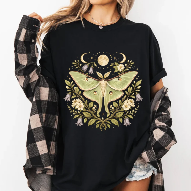 Luna Moth T-Shirt Casual Botanical Luna Moth Tee Cottagecore Nature T Shirt Casual Round Neck Printed Cotton Short Sleeve