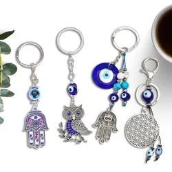 Hamsa Evil Eye Fatima  Alloy Hand Silvery Vintage O-type Keychain Blue Turkish Key Chain Car Chining for Women Men Jewelry