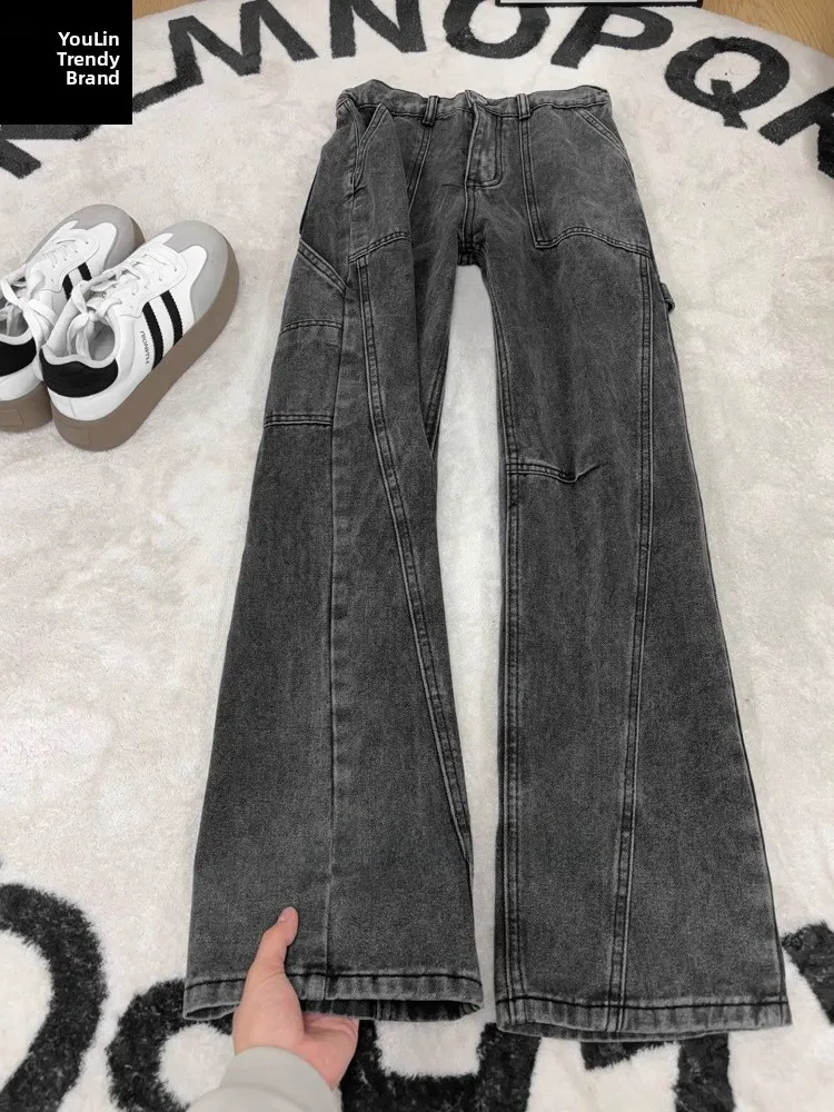 

Мужские джинсы в американском ретро-стиле, серые с черным, зимние, свободного кроя, брюки CleanFit Knife, рабочая одежда, прямые брюки