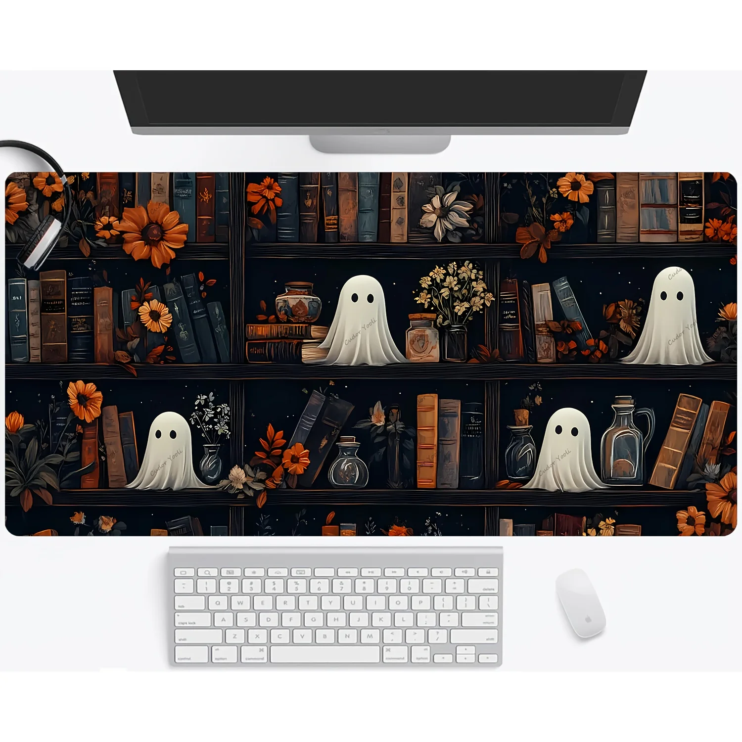 Tappetino per mouse a tema Halloween e autunno, durevole, resistente alle macchie, base in gomma antiscivolo, design carino della biblioteca dei libri, tappetino per tastiera XXL