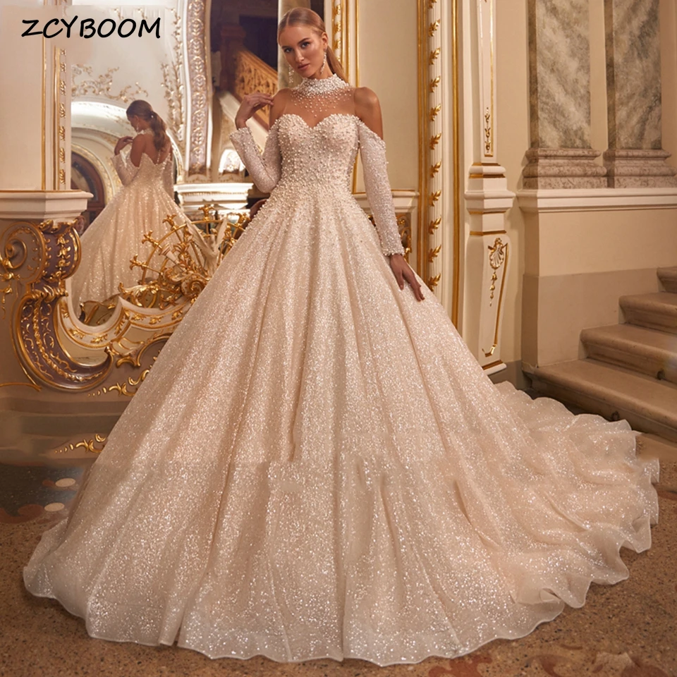 

Luxury White High-neck Shiny Beaded Off The Shoulder Wedding Dress 2025 A-Line Floor Length Royal Train Buttons Bridal Gown