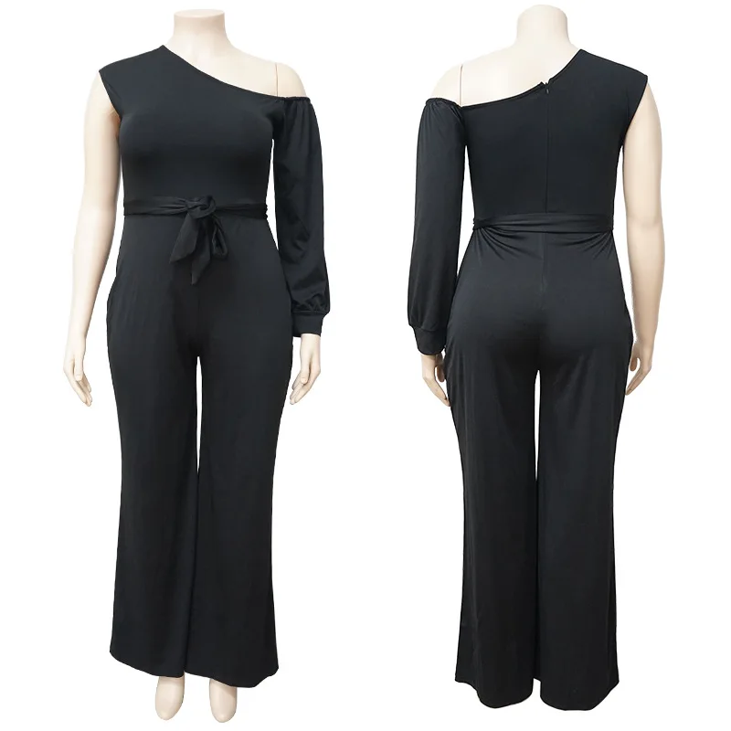 ผู้หญิงหนึ่งไหล่ Overalls สำหรับผู้หญิงแขนยาว Jumpsuits กับเข็มขัด Elegant ขากว้าง Jumpsuit