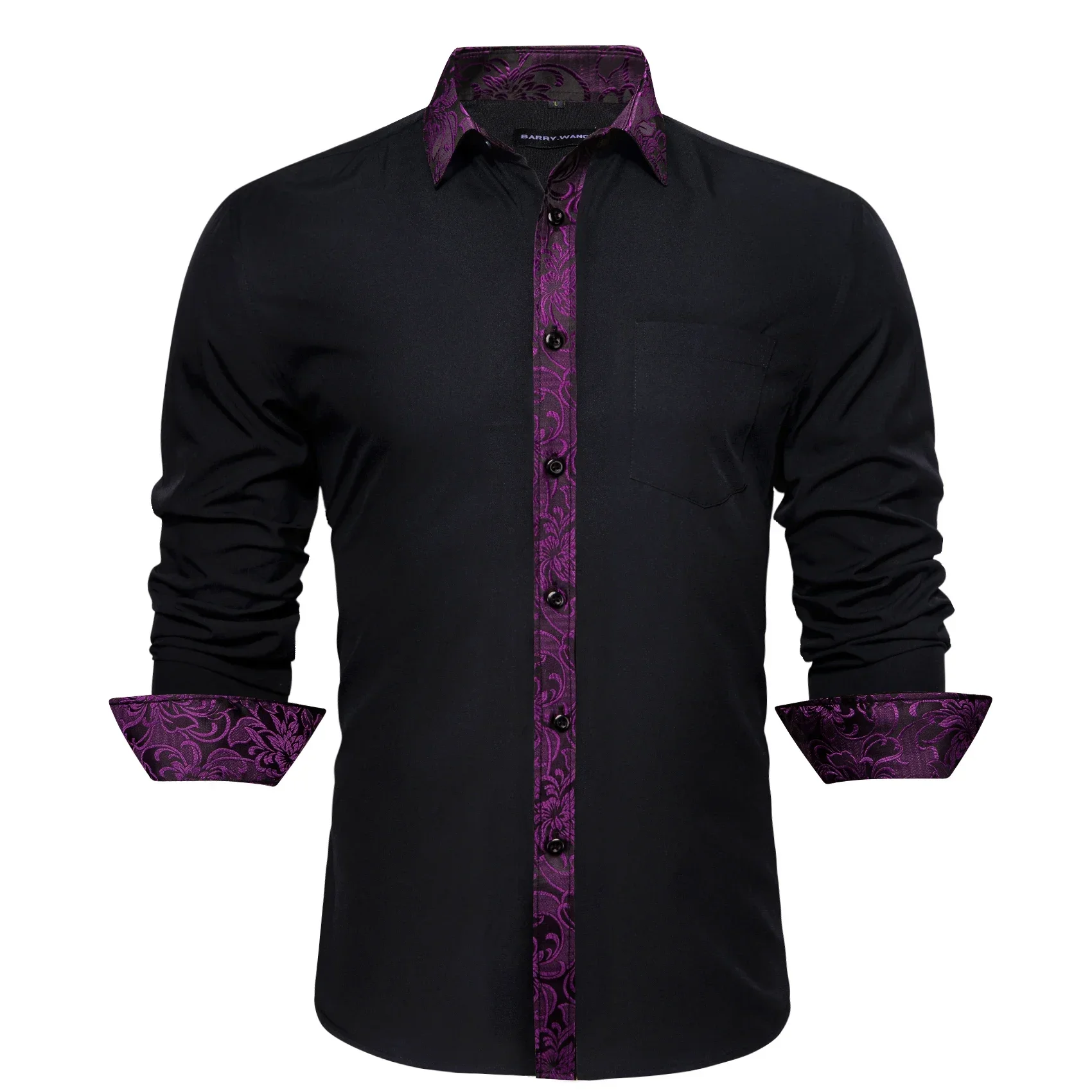

Designer Shirts for Men Silk Long Sleeve Black Patch Purple Flower Spring Autumn Slim Fit Male Blouses Casual Tops Barry Wang