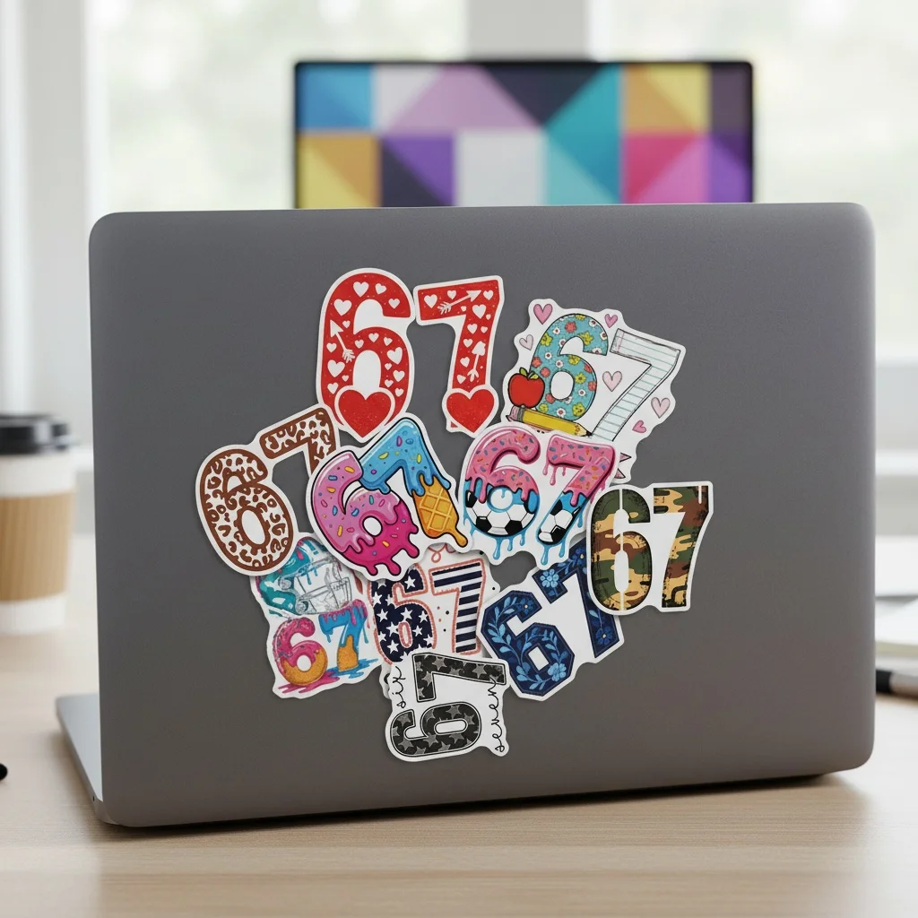 50pcs Number 67 Digital Graffiti Stickers, Fun Number Stickers for Phones & Tablets,Luggage,Water Cup,Scooter Waterproof Sticker