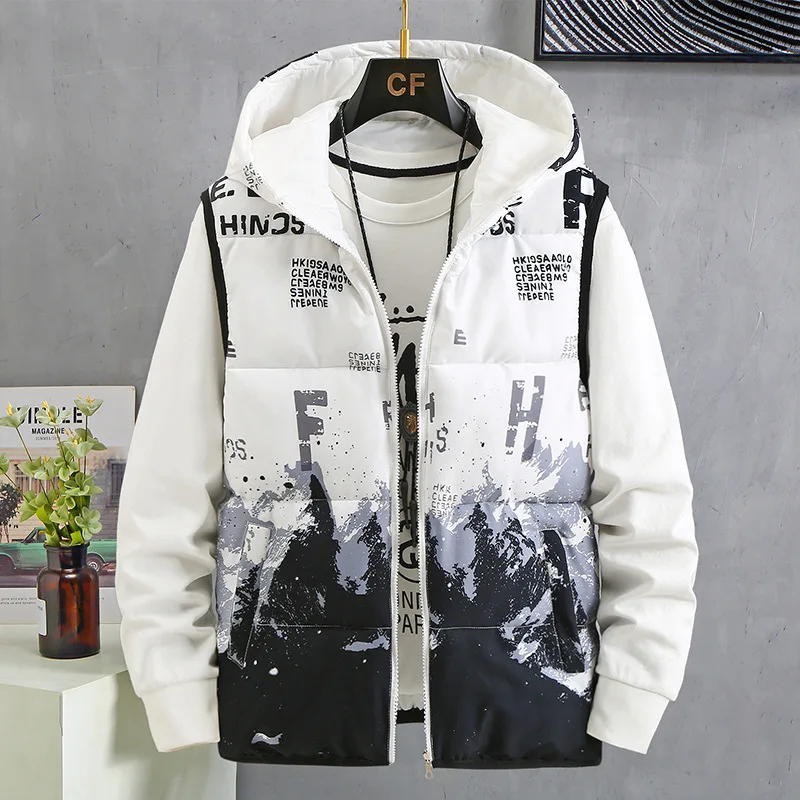 #3634 Winter Black White Printed Vest Jacket Men Double Sided Outerwear Sleeveless Jacket Zipper Warm Down Cotton Vest Unisex