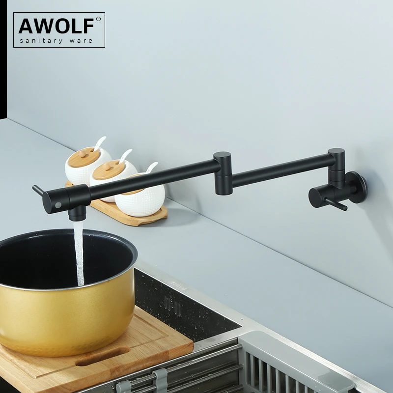 

Awolf Matt Black Pot Filler Kitchen Faucet Wall Mounted Folding Faucet Tap 360 Degree Rotation Solid Brass Sink Water Tap FW008