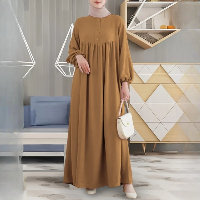 

Loose Casual Long Muslim Arab Robe Spring Summer Bubble Sleeve Pure Color Button Dress Women's Top Fashion Clothing