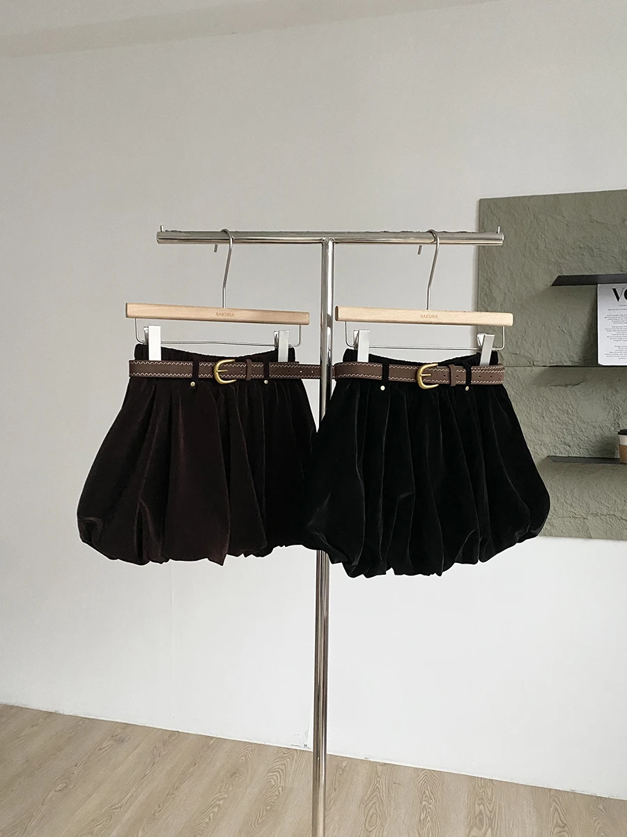 Velvet Bloom Short Skirt Women's Fashion Simple Anti-Light High Waist Polyester Fiber Commute Style Spring Autumn New Arrival