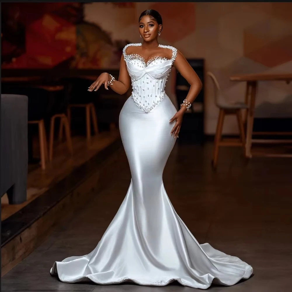 

Gorgeous African White Satin Wedding Dresses Luxury Mermaid Scoop Neck Long Sleeves Aso Ebi Bride Dress Bridal Gowns Customized